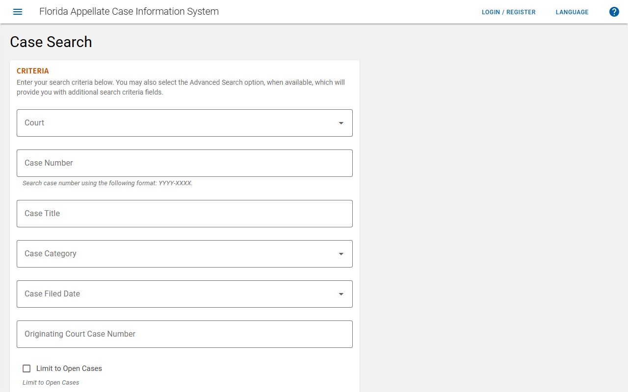 Florida appellate case information system search page