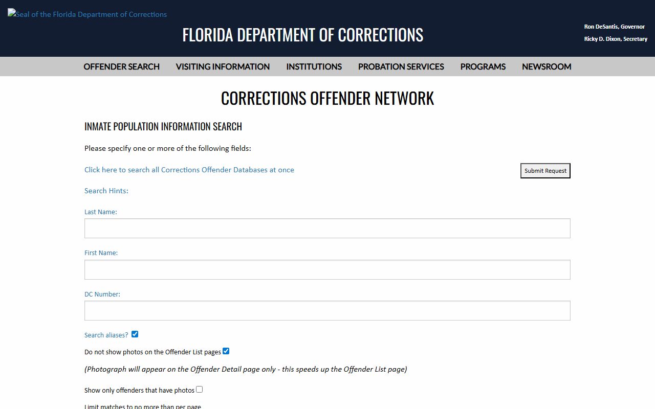 FDC Inmate Population Information Search form for Florida state prisoners