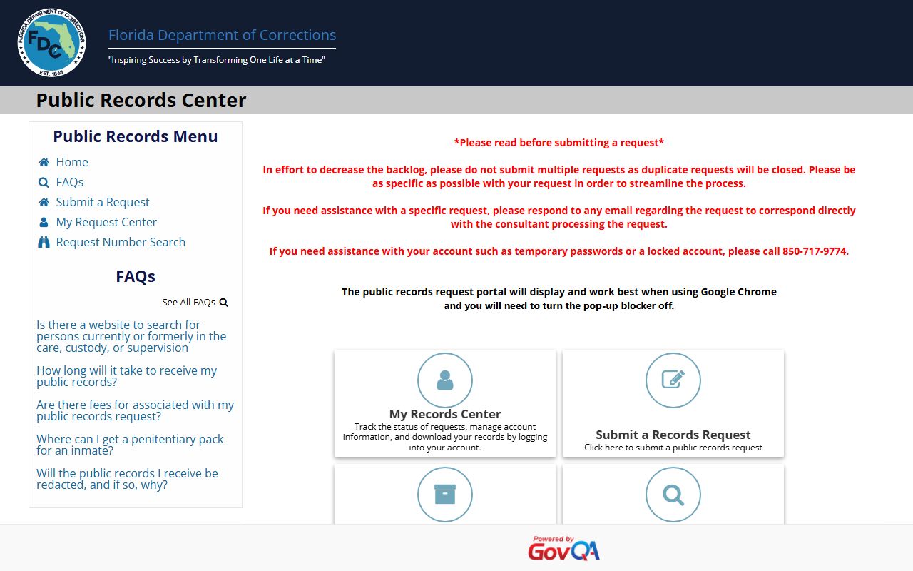 FDC Public Records Center for Florida inmate population public-records requests