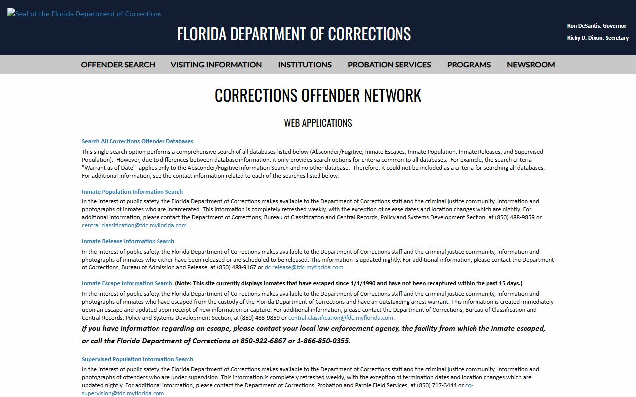 FDC Corrections Offender Network menu with inmate population release escape supervision and absconder searches