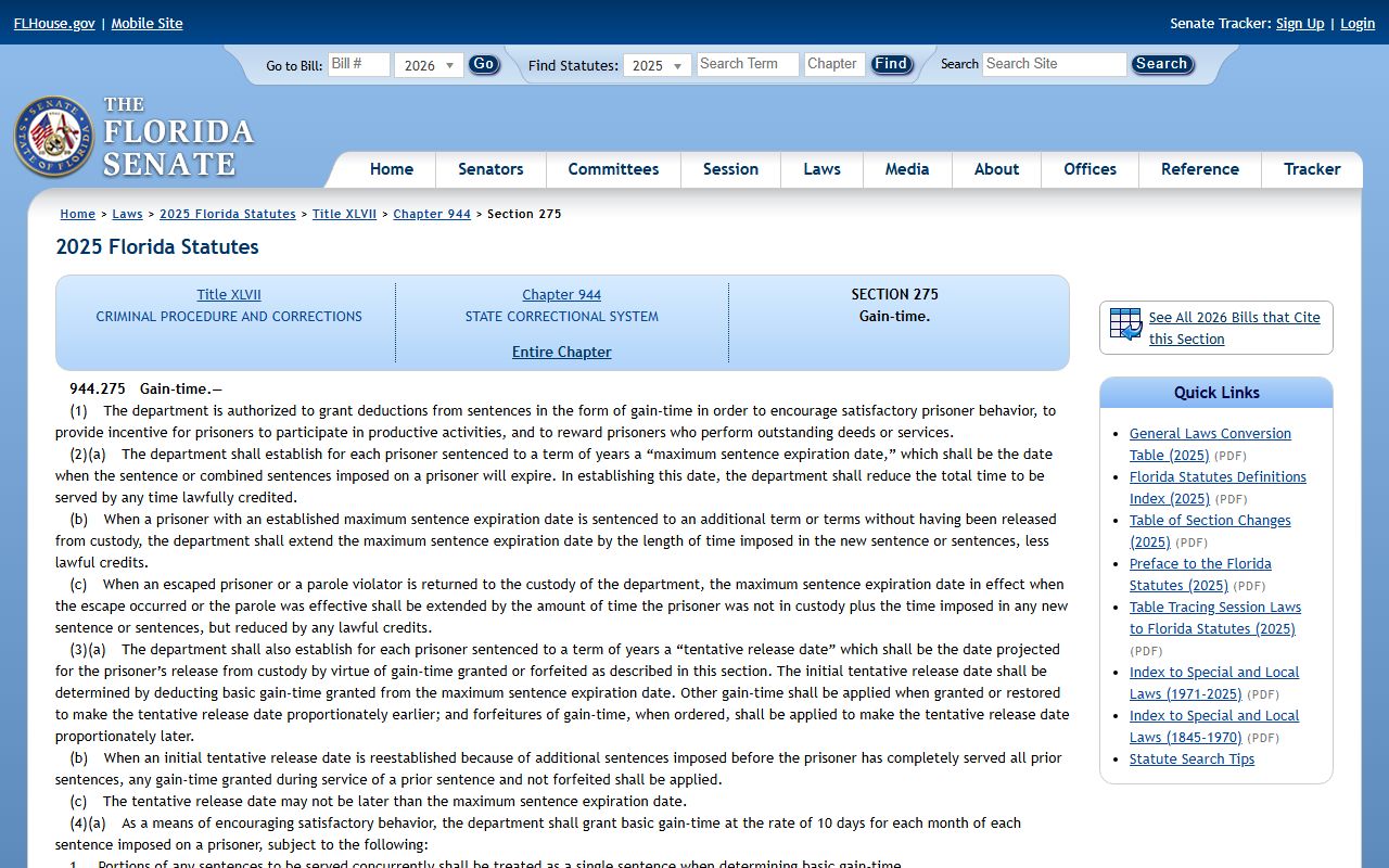 Florida statute page for gain-time tentative release dates and the 85 percent rule