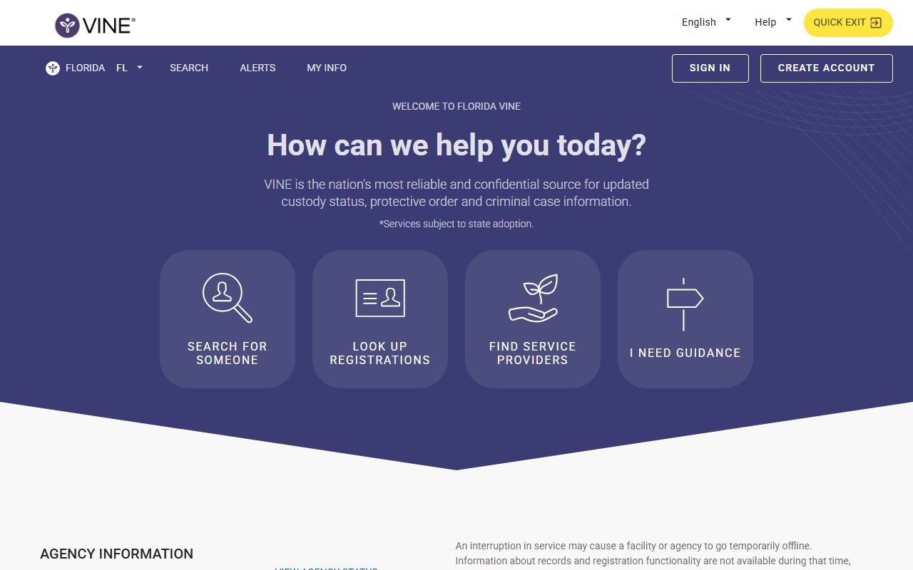 Florida VINELink custody and case notification page